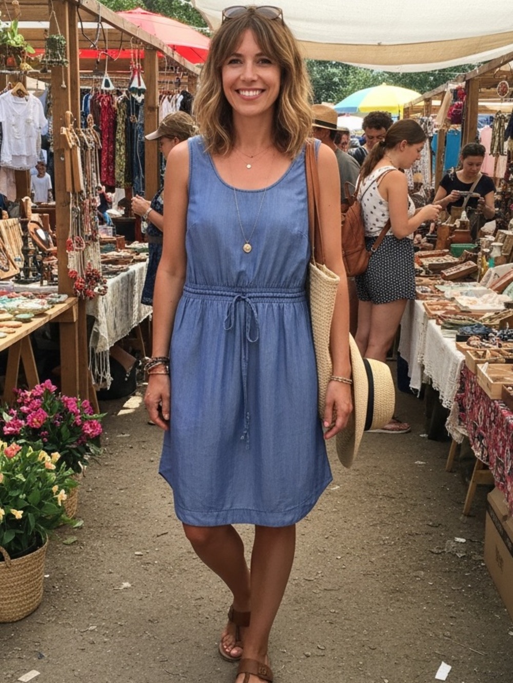 New LOFT Light Wash Chambray Drawstring Sleeveless Tank Dress Blue Size XS
